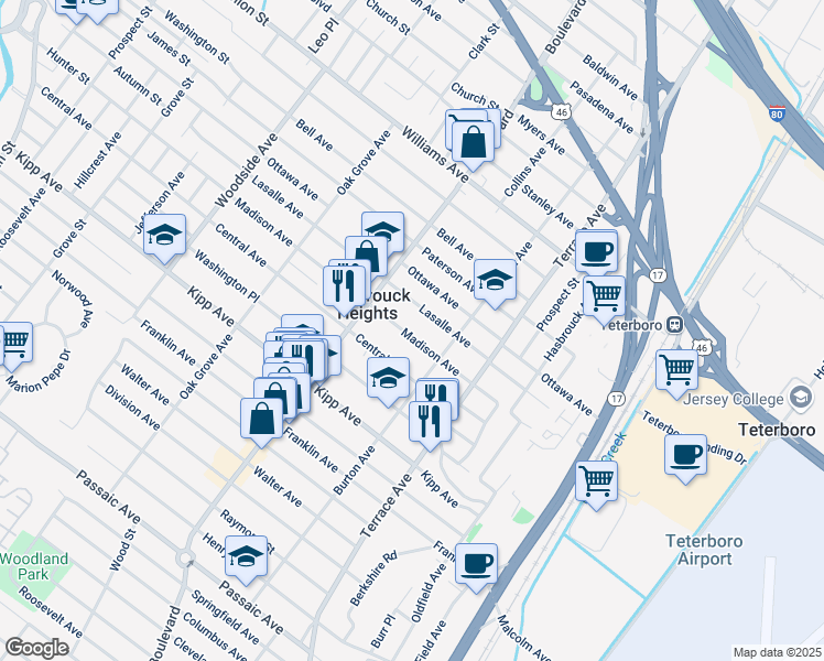 map of restaurants, bars, coffee shops, grocery stores, and more near 241 Madison Avenue in Hasbrouck Heights