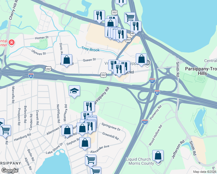 map of restaurants, bars, coffee shops, grocery stores, and more near County Road 511 in Parsippany-Troy Hills