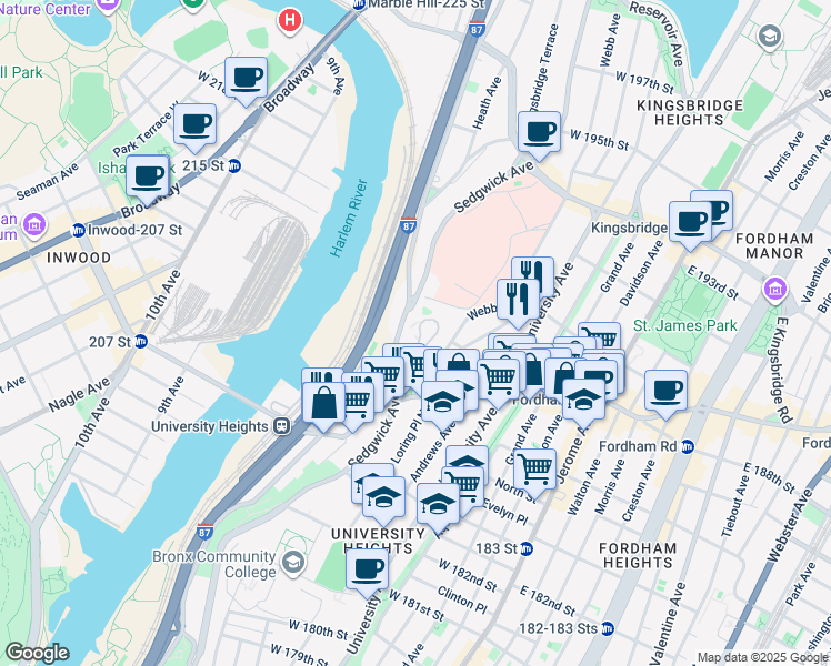 map of restaurants, bars, coffee shops, grocery stores, and more near 3 Fordham Hill Oval in The Bronx