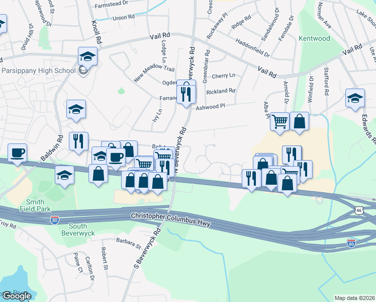 map of restaurants, bars, coffee shops, grocery stores, and more near 181 Crown Point Road in Parsippany-Troy Hills