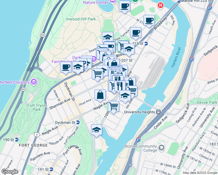 map of restaurants, bars, coffee shops, grocery stores, and more near 112 Post Avenue in New York
