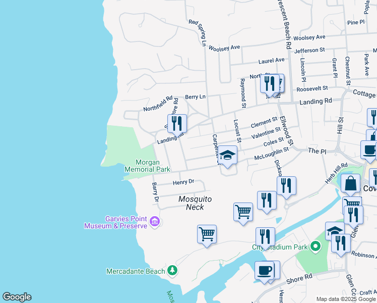 map of restaurants, bars, coffee shops, grocery stores, and more near 85 Valentine Street in Glen Cove