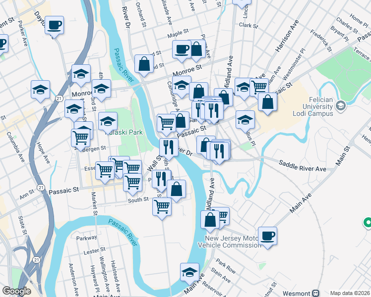 map of restaurants, bars, coffee shops, grocery stores, and more near 7 Cambridge Avenue in Garfield