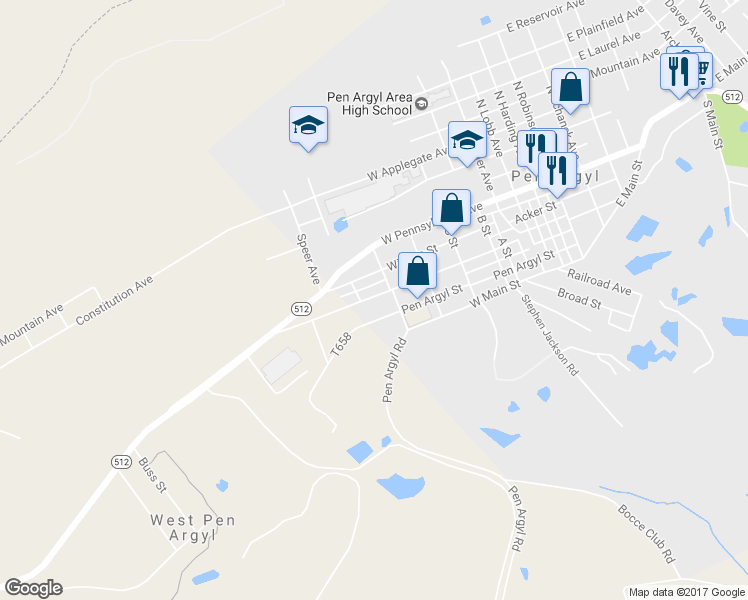 map of restaurants, bars, coffee shops, grocery stores, and more near 726 George Street in Pen Argyl