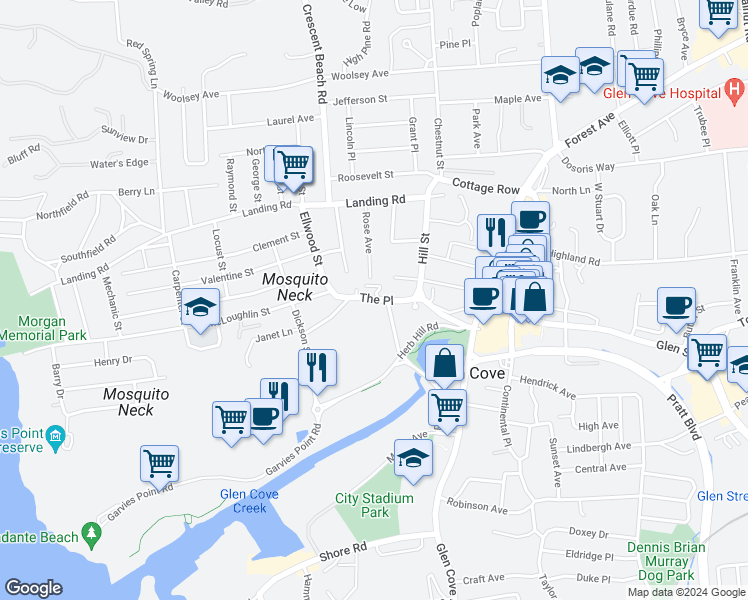 map of restaurants, bars, coffee shops, grocery stores, and more near 2 Terrace Place in Glen Cove