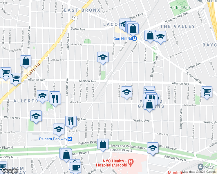 map of restaurants, bars, coffee shops, grocery stores, and more near 2559 Wilson Avenue in Bronx