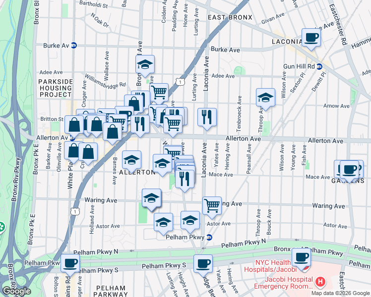 map of restaurants, bars, coffee shops, grocery stores, and more near 2567 Lurting Avenue in Bronx