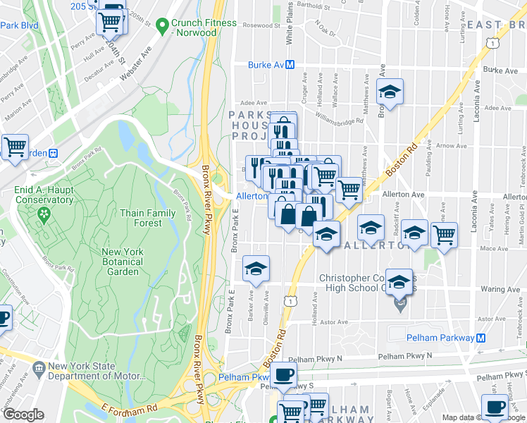 map of restaurants, bars, coffee shops, grocery stores, and more near 2540 Barker Avenue in Bronx