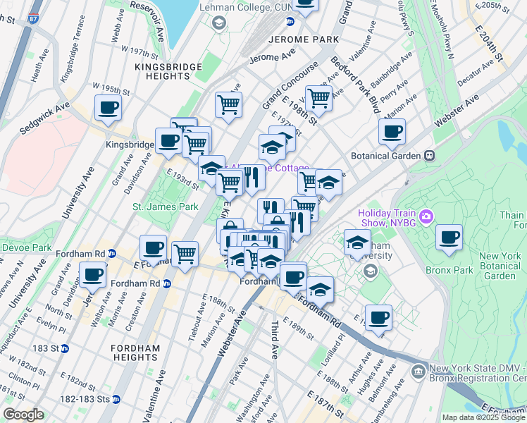 map of restaurants, bars, coffee shops, grocery stores, and more near 2652 Bainbridge Avenue in Bronx