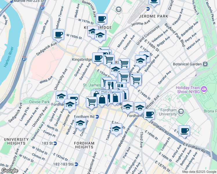 map of restaurants, bars, coffee shops, grocery stores, and more near 2585 Grand Concourse in Bronx
