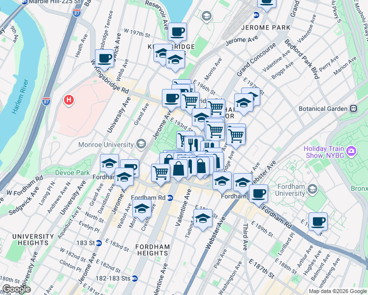 map of restaurants, bars, coffee shops, grocery stores, and more near 2585 Grand Concourse in Bronx