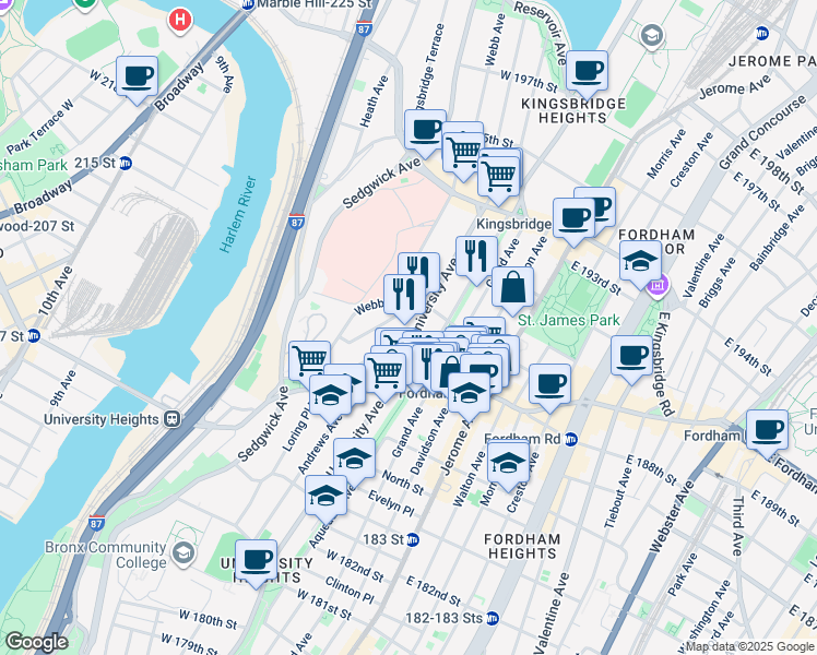 map of restaurants, bars, coffee shops, grocery stores, and more near 2460 University Avenue in The Bronx