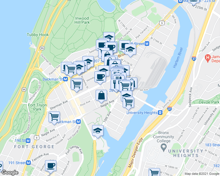 map of restaurants, bars, coffee shops, grocery stores, and more near 119 Post Avenue in New York