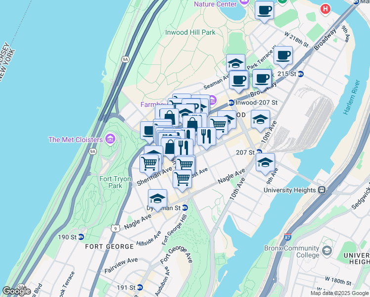 map of restaurants, bars, coffee shops, grocery stores, and more near 128 Sherman Avenue in New York