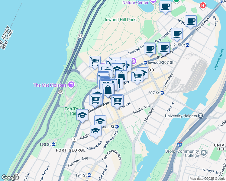 map of restaurants, bars, coffee shops, grocery stores, and more near 11 Vermilyea Avenue in New York