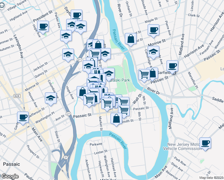 map of restaurants, bars, coffee shops, grocery stores, and more near 87 4th Street in Passaic