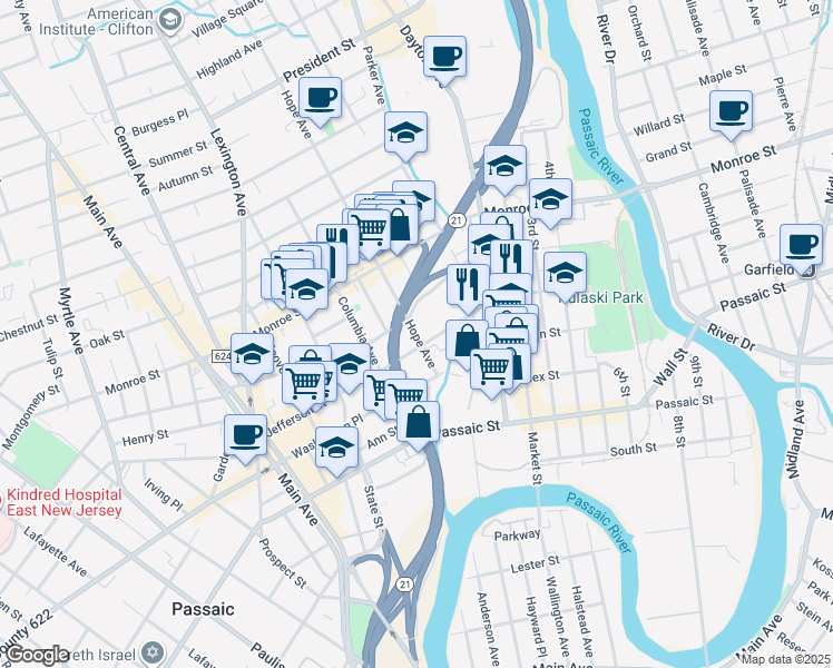map of restaurants, bars, coffee shops, grocery stores, and more near 68 Jefferson Street in Passaic