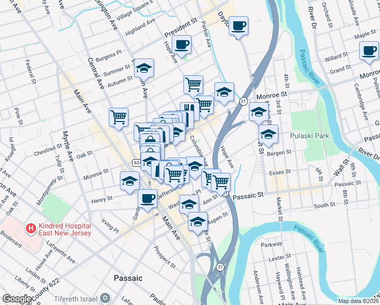map of restaurants, bars, coffee shops, grocery stores, and more near 21 Rosz Place in Passaic