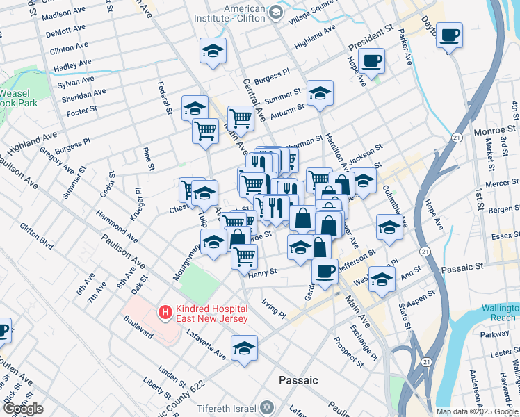 map of restaurants, bars, coffee shops, grocery stores, and more near 178 Grove Street in Passaic