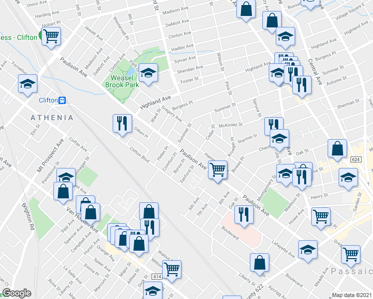 map of restaurants, bars, coffee shops, grocery stores, and more near 8 Summit Avenue in Clifton