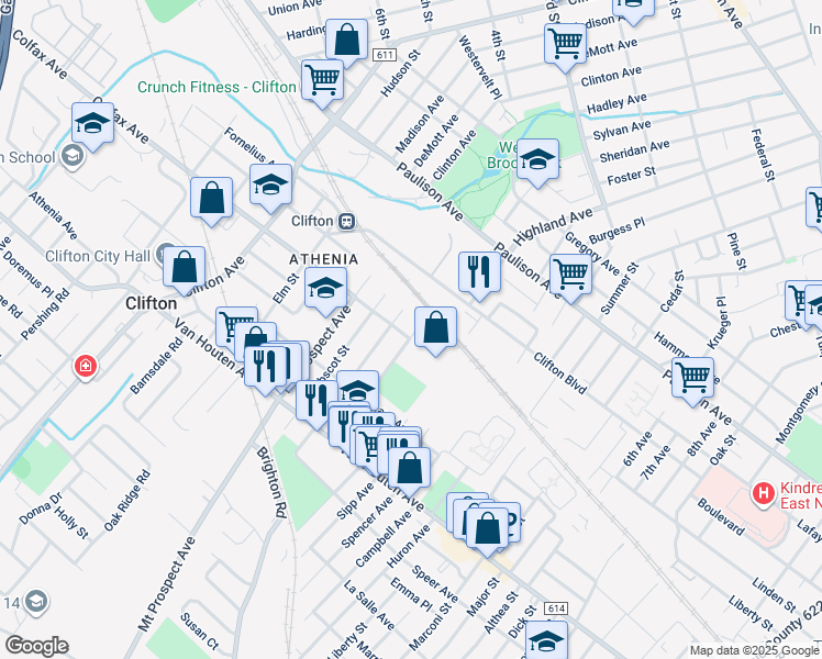 map of restaurants, bars, coffee shops, grocery stores, and more near 15 Monhegan Street in Clifton