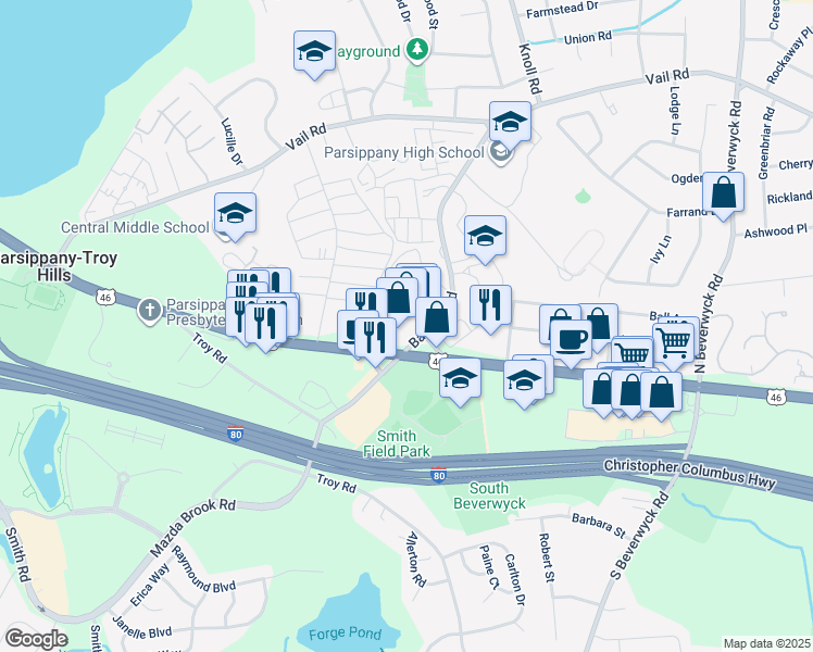 map of restaurants, bars, coffee shops, grocery stores, and more near 128 Baldwin Road in Parsippany-Troy Hills