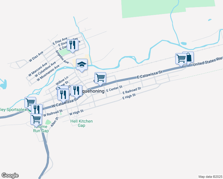 map of restaurants, bars, coffee shops, grocery stores, and more near 107 East Center Street in Nesquehoning