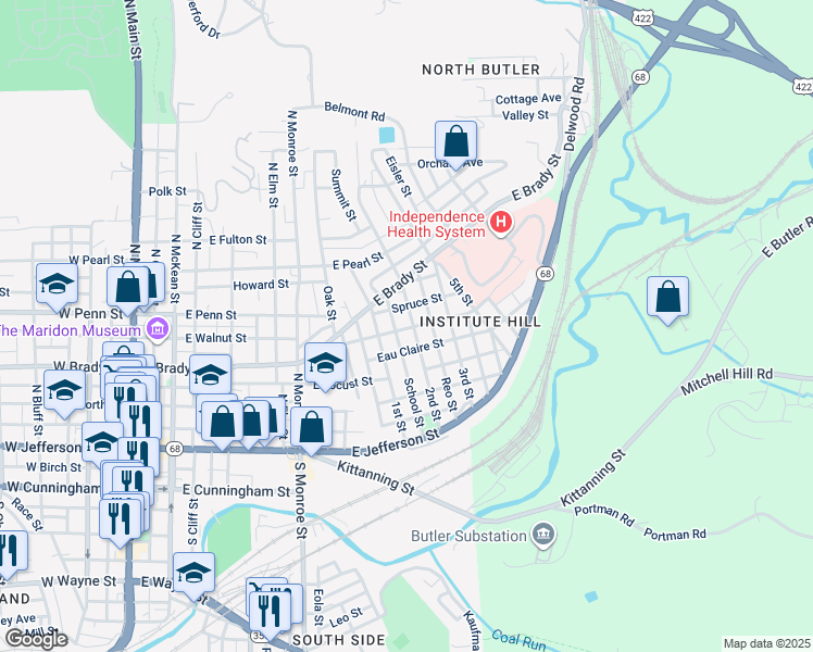 map of restaurants, bars, coffee shops, grocery stores, and more near 307 2nd Street in Butler
