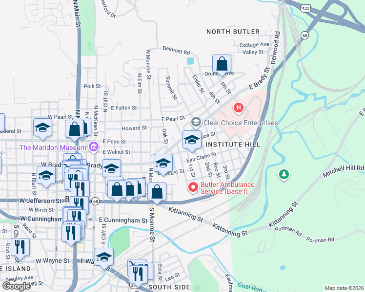 map of restaurants, bars, coffee shops, grocery stores, and more near 320 1st Street in Butler