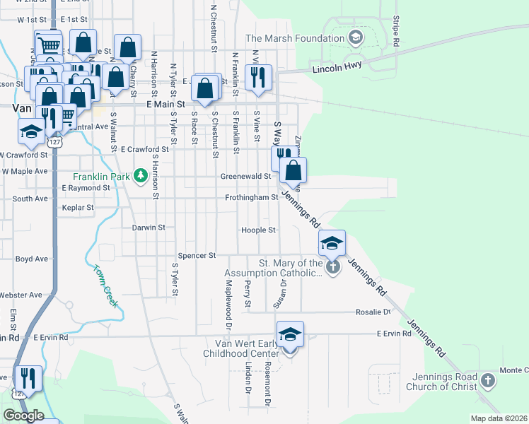 map of restaurants, bars, coffee shops, grocery stores, and more near 528 South Vine Street in Van Wert