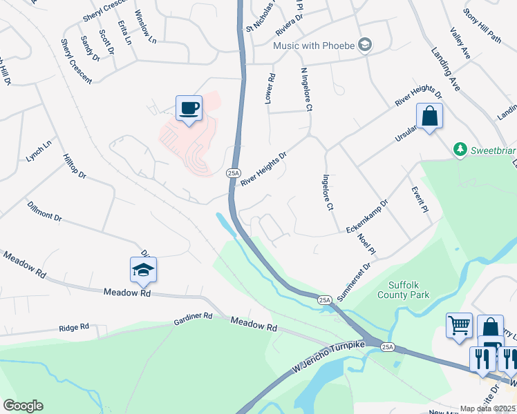 map of restaurants, bars, coffee shops, grocery stores, and more near 24 Stone Gate Court in Smithtown