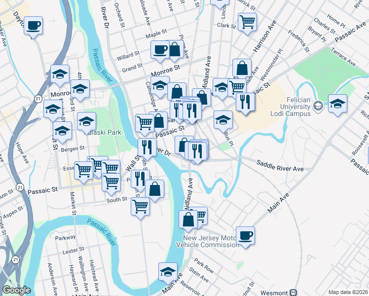 map of restaurants, bars, coffee shops, grocery stores, and more near 7 Palisade Avenue in Garfield