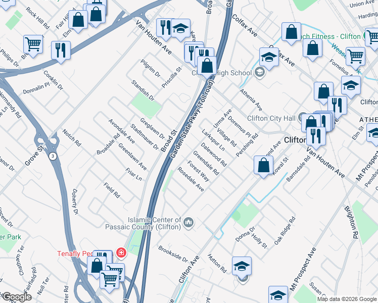 map of restaurants, bars, coffee shops, grocery stores, and more near 68 Forest Way in Clifton