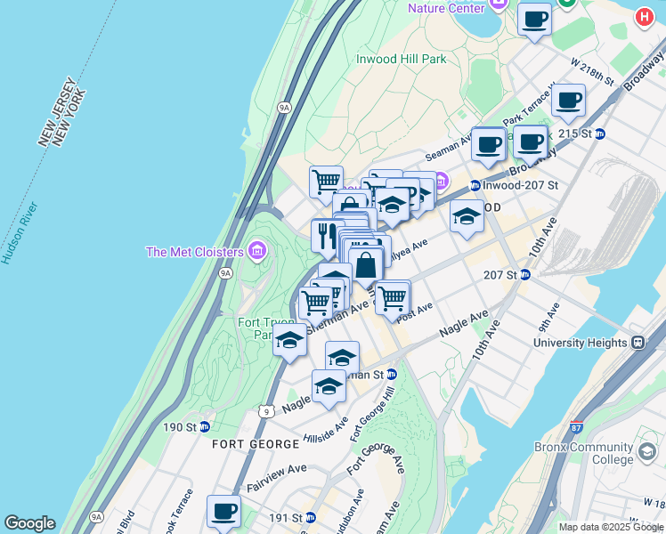 map of restaurants, bars, coffee shops, grocery stores, and more near 100 Thayer Street in New York