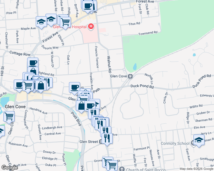 map of restaurants, bars, coffee shops, grocery stores, and more near 51 Town Path in Glen Cove