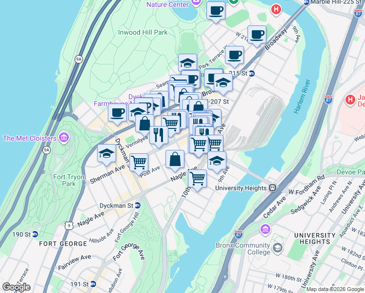 map of restaurants, bars, coffee shops, grocery stores, and more near 585 West 204th Street in New York