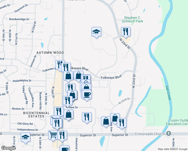 map of restaurants, bars, coffee shops, grocery stores, and more near 3203 Folkways Boulevard in Lincoln