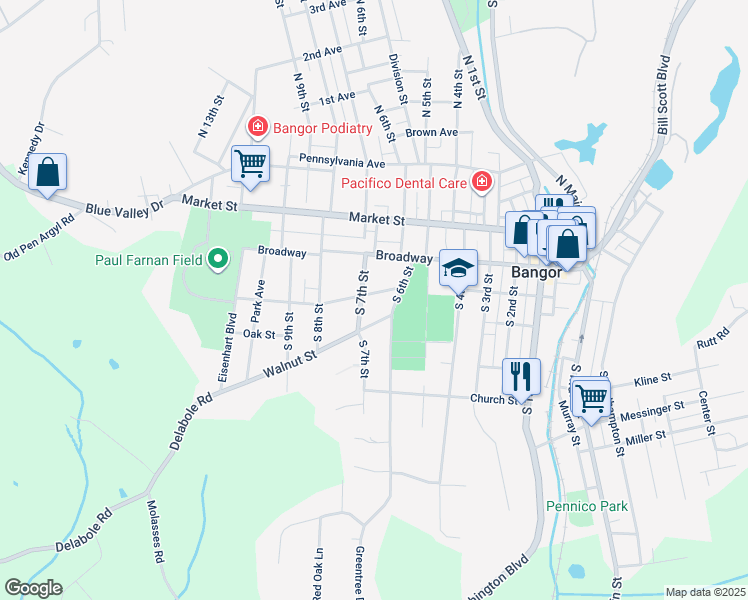 map of restaurants, bars, coffee shops, grocery stores, and more near 648 Chestnut Street in Bangor