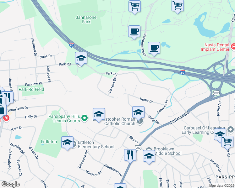 map of restaurants, bars, coffee shops, grocery stores, and more near 15 Hennion Drive in Parsippany-Troy Hills