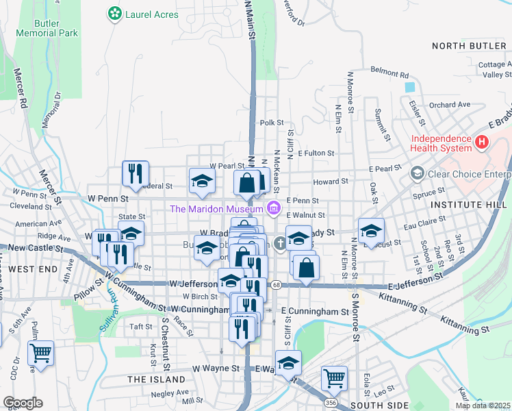 map of restaurants, bars, coffee shops, grocery stores, and more near 353 North Main Street in Butler