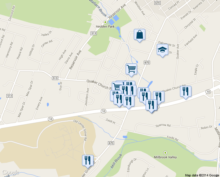 map of restaurants, bars, coffee shops, grocery stores, and more near 3 Valley View Avenue in Randolph