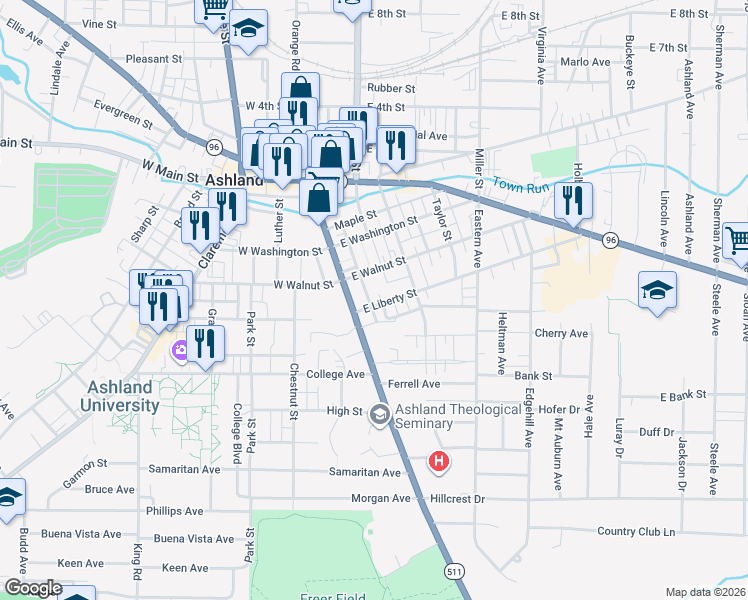 map of restaurants, bars, coffee shops, grocery stores, and more near 15 East Liberty Street in Ashland