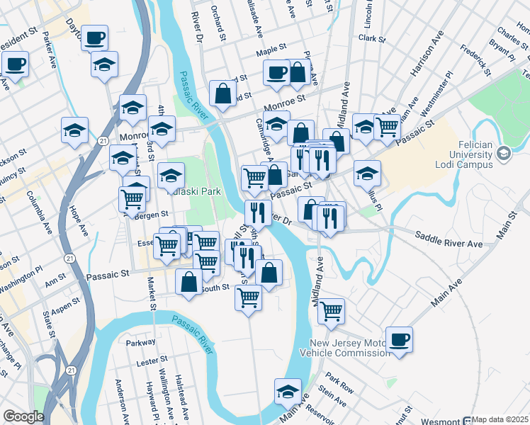 map of restaurants, bars, coffee shops, grocery stores, and more near 185 River Drive in Garfield