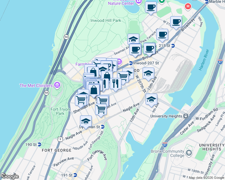 map of restaurants, bars, coffee shops, grocery stores, and more near 603 Academy Street in New York