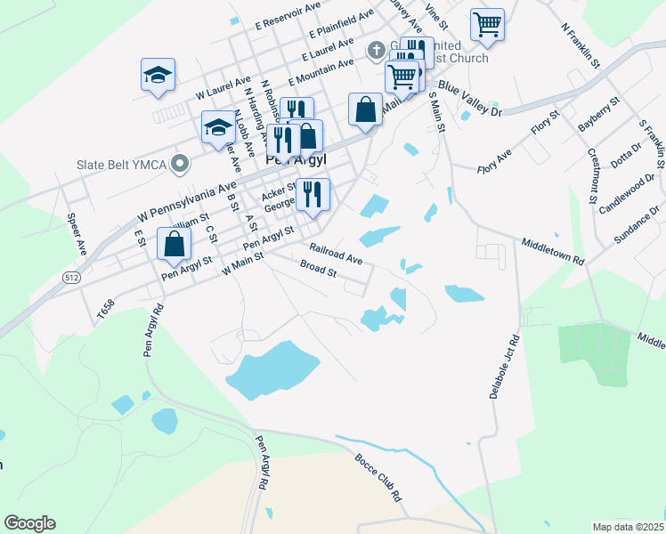 map of restaurants, bars, coffee shops, grocery stores, and more near 484 Broad Street in Pen Argyl