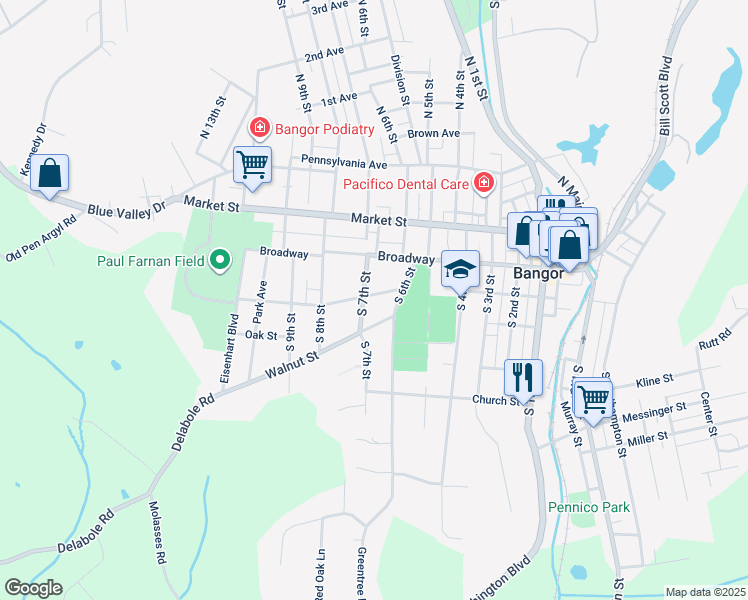 map of restaurants, bars, coffee shops, grocery stores, and more near 648 Chestnut Street in Bangor