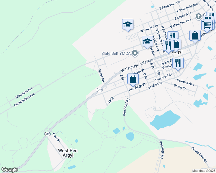 map of restaurants, bars, coffee shops, grocery stores, and more near 828 William Street in Pen Argyl