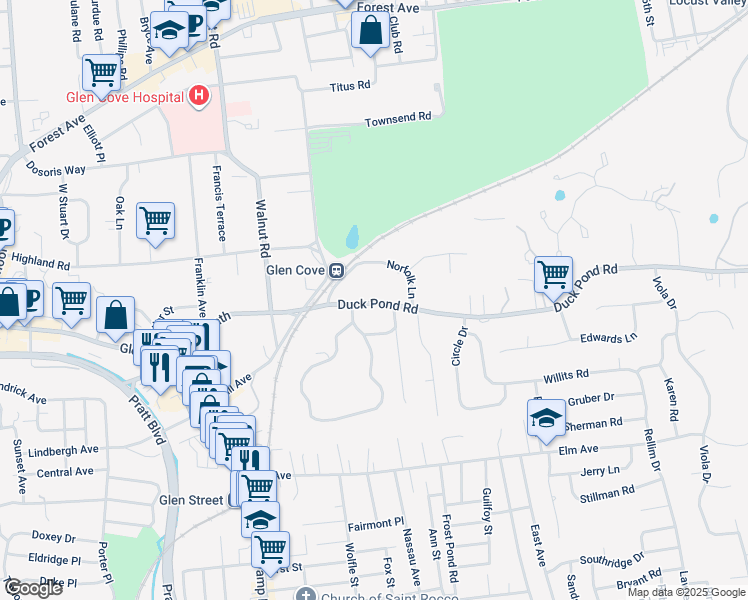 map of restaurants, bars, coffee shops, grocery stores, and more near 15 Meadow Spring Lane in Glen Cove