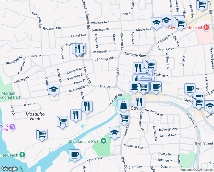 map of restaurants, bars, coffee shops, grocery stores, and more near 1 Terrace Place in Glen Cove