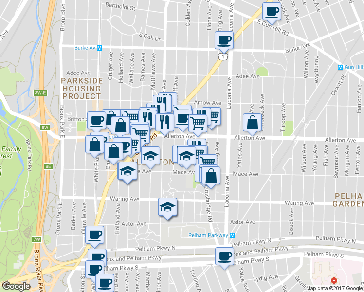 map of restaurants, bars, coffee shops, grocery stores, and more near 2555 Colden Avenue in Bronx